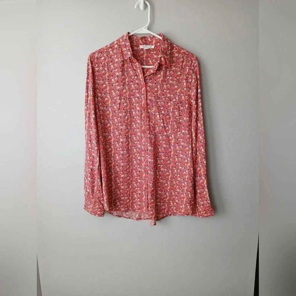 Beachlunchlounge women's M orange bird print long sleeve shirt tropical viscose